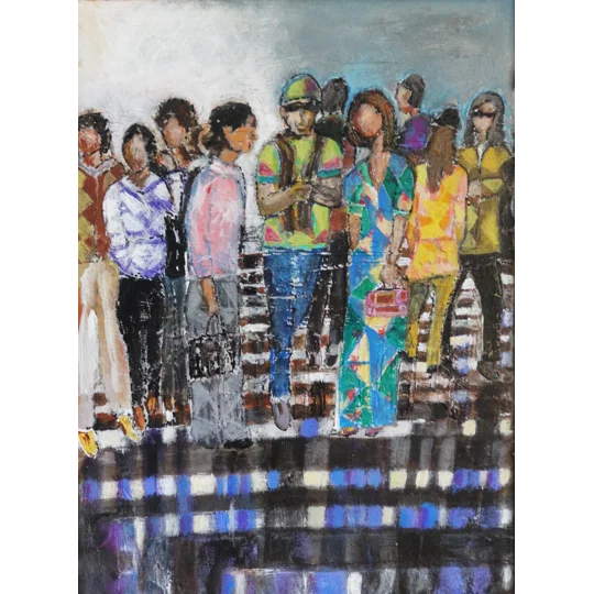 Original acrylic mixed media painting of people at the crossing by contemporary artist Indrani Ghosh