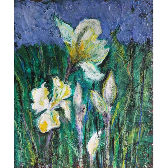 Original acrylic mixed media textured painting of canna lily floral by contemporary artist Indrani Ghosh