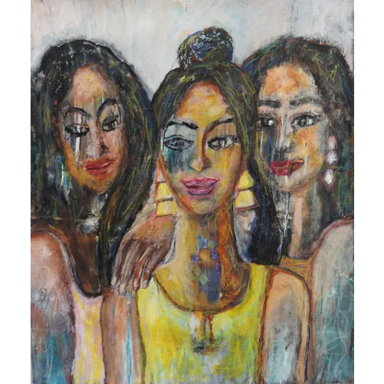 Original acrylic painting of three women by contemporary artist Indrani Ghosh