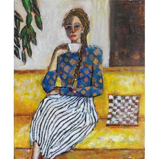 Original acrylic painting of a woman having tea by contemporary artist Indrani Ghosh