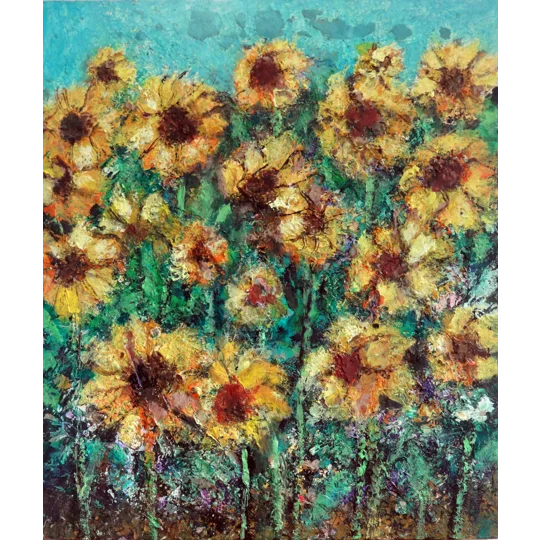 Original mixed media painting of sunflowers by contemporary artist Indrani Ghosh