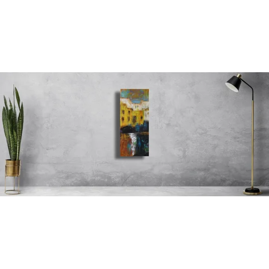 Original Hand-Painted Abstract Cityscape Mixed Media Painting | 12"x 28"