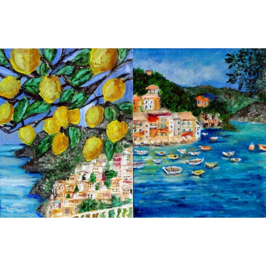 Italian Seascape Mini Oil Paintings Set of 2