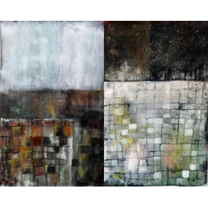 Abstract geometric landscape diptych oil paintings