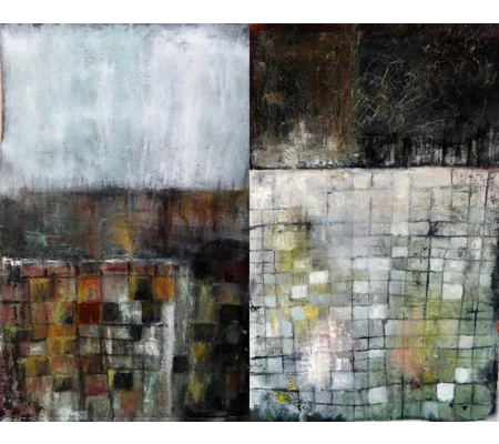 Abstract geometric landscape diptych oil paintings