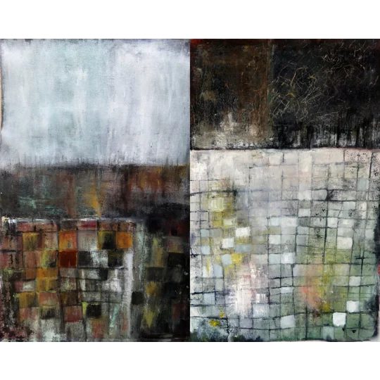 Abstract geometric landscape diptych oil paintings