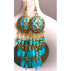 Earrings - Gold Teal/Turquoise Flower Beaded Tassels