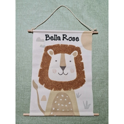 Personalised Childrens Gift. Safari Wall Art. Lion Or Giraffe Tapestry. New Baby Gift, First Birthda