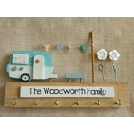 Personalised Wooden Key Holder, Caravan and Bunting Cute Key Storage. Personalised Family Gift, Birt