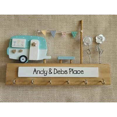 Personalised Wooden Key Holder, Caravan and Bunting Cute Key Storage. Personalised Family Gift, Birt
