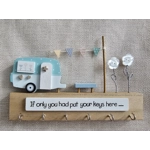 Personalised Wooden Key Holder, Caravan and Bunting Cute Key Storage. Personalised Family Gift, Birt