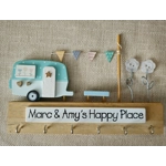 Personalised Wooden Key Holder, Caravan and Bunting Cute Key Storage. Personalised Family Gift, Birt