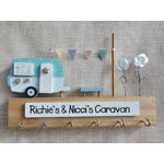 Personalised Wooden Key Holder, Caravan and Bunting Cute Key Storage. Personalised Family Gift, Birt