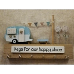 Personalised Wooden Key Holder, Caravan and Bunting Cute Key Storage. Personalised Family Gift, Birt