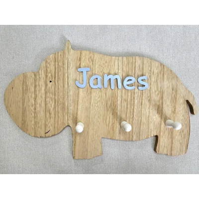 Childrens Wall Hooks. Wooden Hippo Wall Hanging With Any Name. Perfect Gift For A Safar