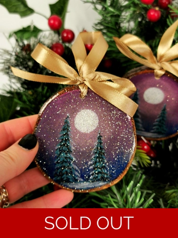 Purple Winter Night Ornaments, Acrylic On Wood