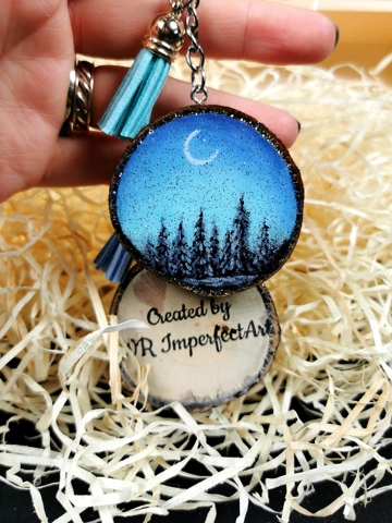 Blue Landscape Keychain, Acrylic On Wood