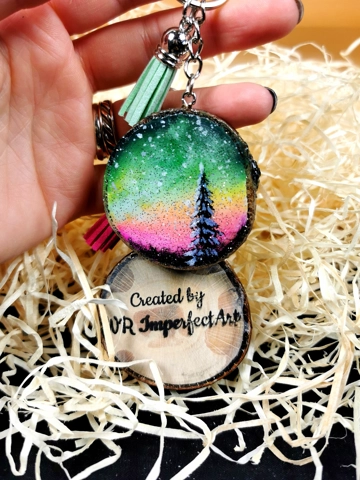 Pink Aurora Keychain, Acrylic On Wood