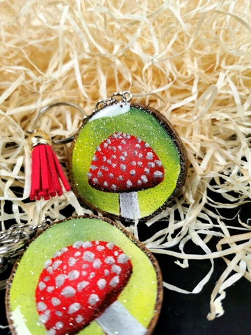 Mushroom Keychain, Acrylic On Wood