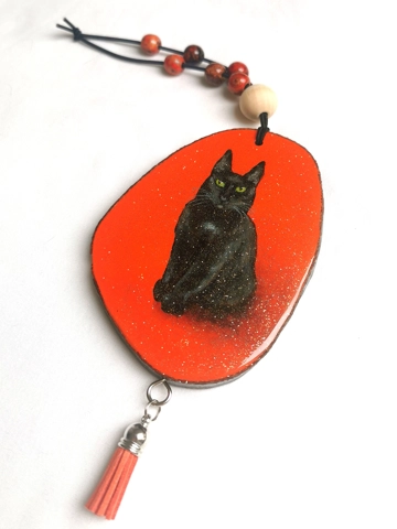 Black Cat Car Charm, Acrylic On Wood