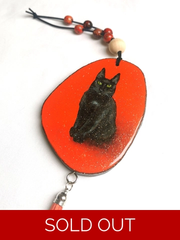 Black Cat Car Charm, Acrylic On Wood