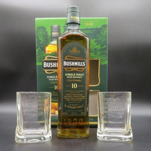Bushmills 10 year single malt Irish Whiskey +2 glasses set.
