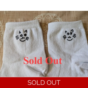 Hand Embroidered Socks/stockings with cute pussy face, Size 3, Unisex, White.