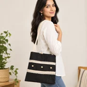 Handmade Black Jute Tote Bag with Lace & Rope Handles