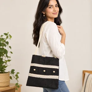 Handmade Black Jute Tote Bag with Lace & Rope Handles