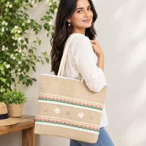 Handmade Cream Jute Tote Bag with Lace & Rope Handles