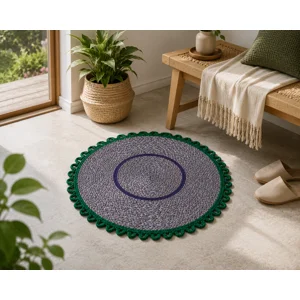 Handcrafted Round/Oval Braided Floor Mat – Elegant Purple & Green Accent Rug for Home Décor