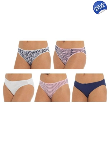 Ladies Stripe/Animal Print High Leg Briefs ( Pack of 5)- Size 10