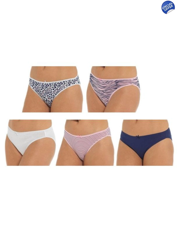 Ladies Stripe/Animal Print High Leg Briefs ( Pack of 5)- Size 10
