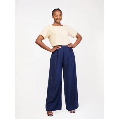 Elara Pant Set - Beige/Navy Blue