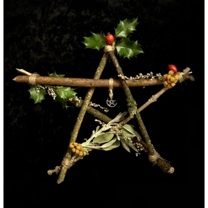 Pentagram witchy pagan Yule wooden home decoration wreath tree topper Holly Rosemary Willow all natural Christmas gift