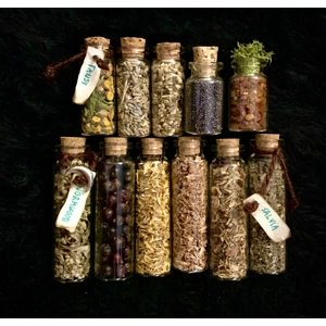 Altar ritual herbs and resins in rustic bottles - Wormwood, Lavender, Tansy, Amber, Marigold, Juniper, Wild Rose