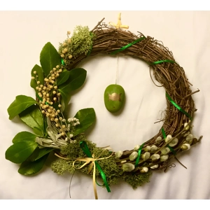 Easter pagan wreath with all natural flowers herbs moss woden painted egg witch spring home decoration