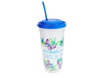 Plastic Printed Tumbler with Straw, 7.5 oz. (Blue&Purple-Butterfly’s)