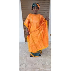 Bazin Rich VIP/ bazin Rich dress with Wrap and head-tie  -Orange