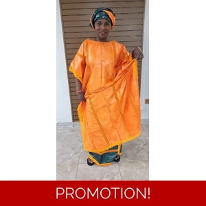 Bazin Rich VIP/ bazin Rich dress with Wrap and head-tie  -Orange