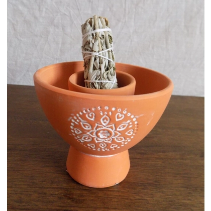 Large Natural Terracotta Hand Finished Mandala Smudge Bowl With Smudge Stick