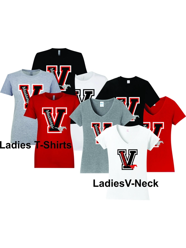 Ladies T-Shirts or V-Necks with "Mustangs" Logo