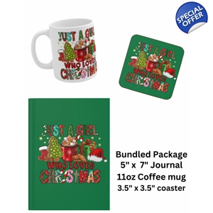 Just a Girl Who Loves Christmas Gift Bundle - 11oz Ceramic Mug, Coaster, and Journal Just a Girl Who Loves Christmas Gift Bundle - 11oz Ceramic Mug, Coaster, and Journal