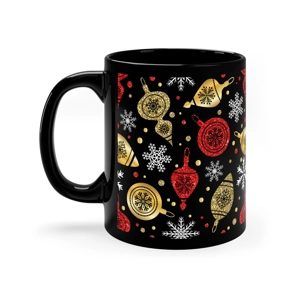 Red, Gold and Snowflake Holiday 11oz Black Coffee Mug