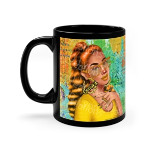 Her Zodiac Sign is Gemini, Light Skinned Woman of Color 11oz Black Ceramic Mug (watermark removed wh