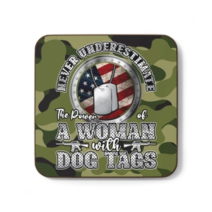 Never Underestimate the Power of a Woman with dog tags Hardboard Back Coaster, 3.5