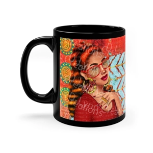 Her Zodiac Sign is Aries, Light Skinned Woman of Color 11oz Black Ceramic Mug (watermark removed whe