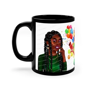 Happy Birthday with Balloons and Gifts 11oz Black Ceramic Coffee Mug (watermarks removed once purcha