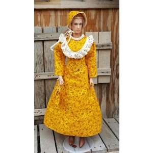 dark yellow calico dress and bonnet