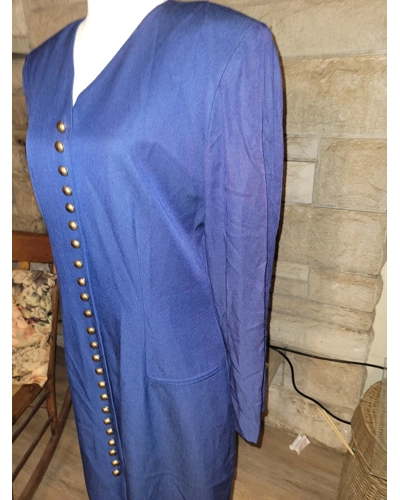 Blue 70s Dress with Gold Toned Metal Decorative Buttons